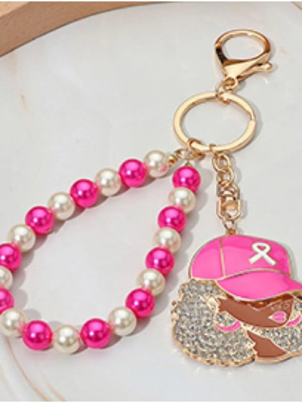 Pink Pearl Beaded Keyring with Breast Cancer Awareness Charm